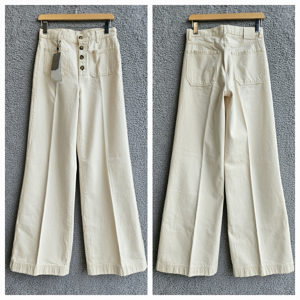 Massimo Dutti Cream Jeans US 6 High Rise Wide Flare Leg Full Length Button Fly - Picture 4 of 13